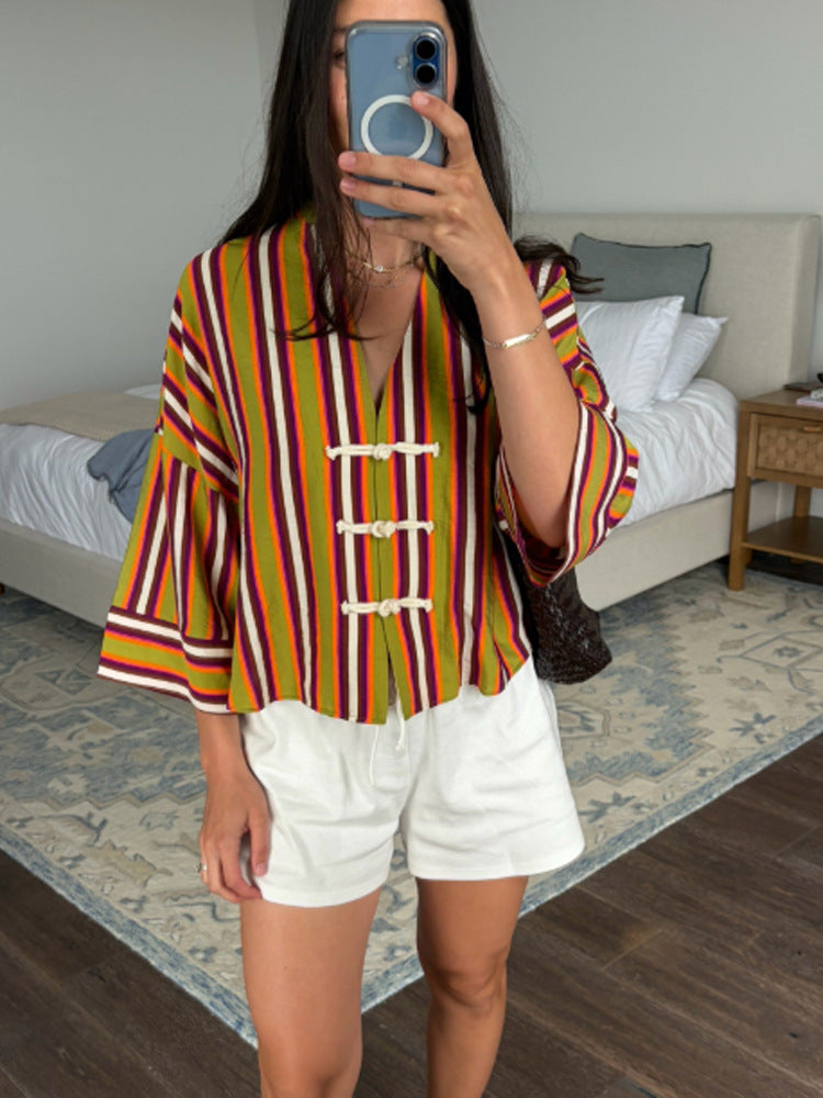 Women's Striped Lightweight Short Blouse with V-Neck, Three-Quarter Sleeves & Decorative Knot Closures Amarae