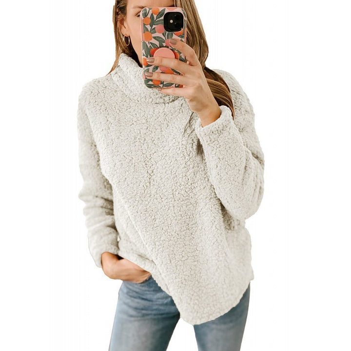 Women's Cozy Oversized Teddy Sweater with Stand-Up Collar and Curved Hem Amarae
