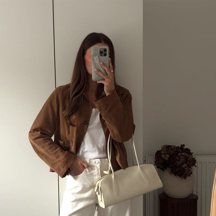 Women Short Cut Suede Jacket with Shirt Collar and Patch Pockets Amarae