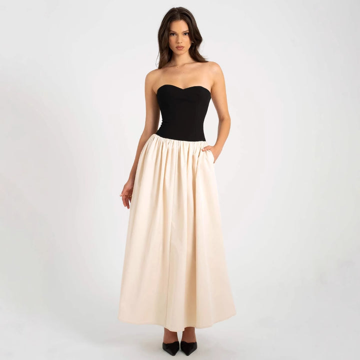 Women Long Evening Gown with Bustier Top and Flared Skirt Lune London