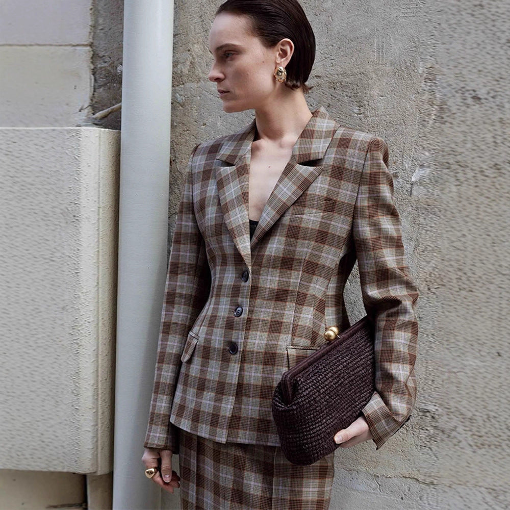 Women's Checkered Blazer and Mini Skirt Set with Tailored Silhouette and Peplum Amarae