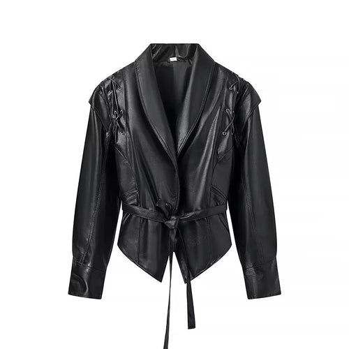 Elegant faux leather jacket for women with trendy lace-up details Amarae