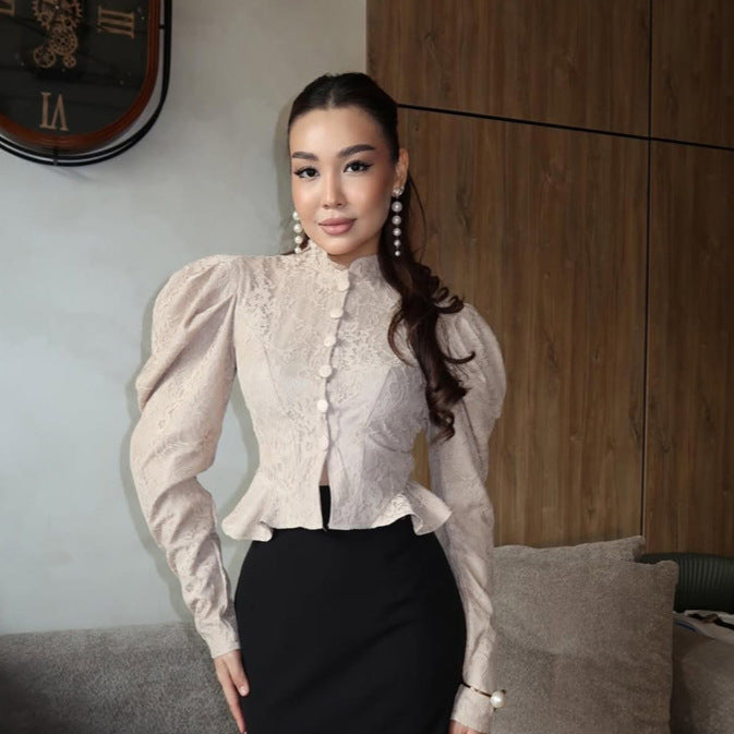 Women's Tailored Jacquard Blouse with Stand Collar, Puff Sleeves and Ruffle Hem Amarae