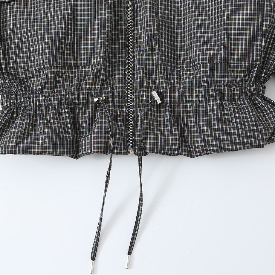 Women’s short jacket in checkered utility bomber with high stand collar and drawstring waist Amarae