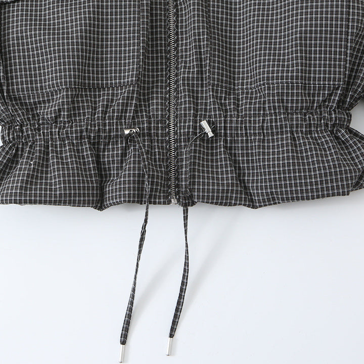 Women’s short jacket in checkered utility bomber with high stand collar and drawstring waist Amarae
