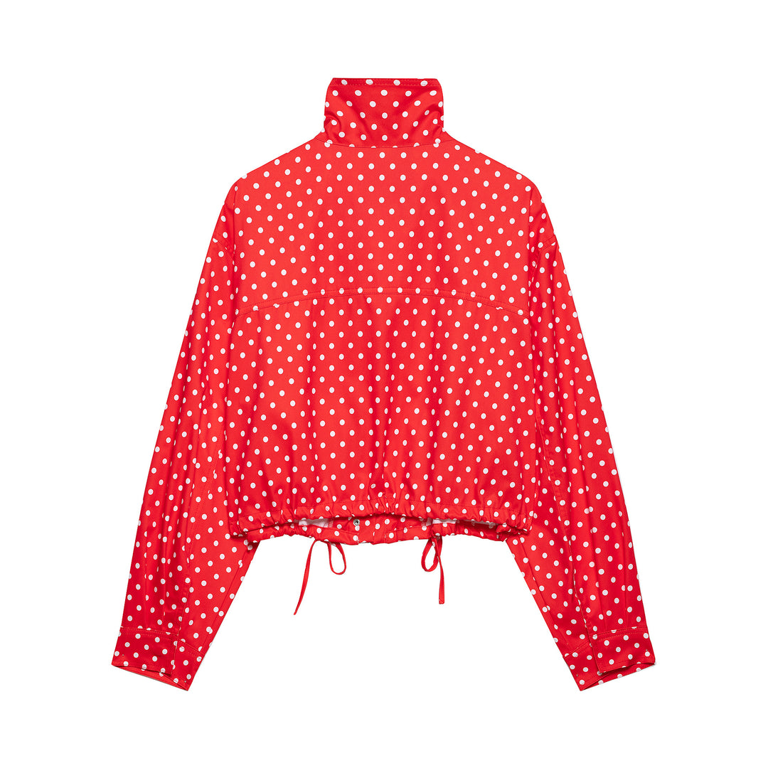 Women's Polka Dot Cropped Rain Jacket with Stand Collar and Drawstring Hood