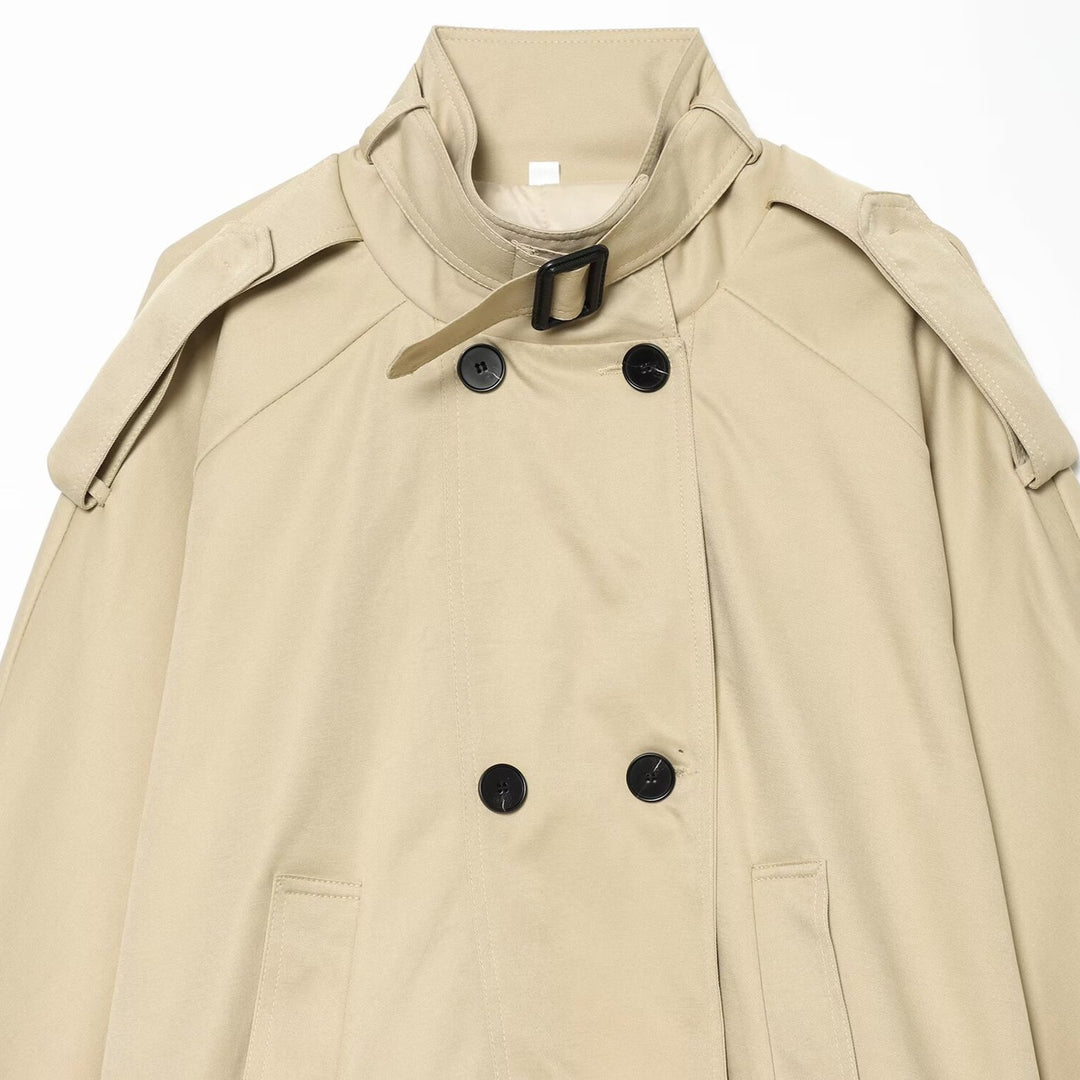 Women Short Trench Cape Jacket with Stand-Up Collar and Double-Breasted Button Placket Amarae
