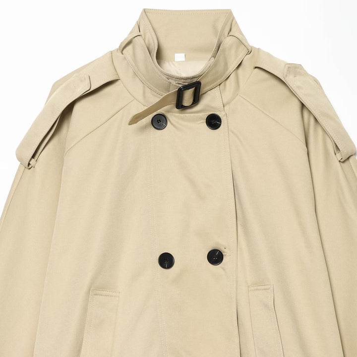 Women Short Trench Cape Jacket with Stand-Up Collar and Double-Breasted Button Placket Amarae