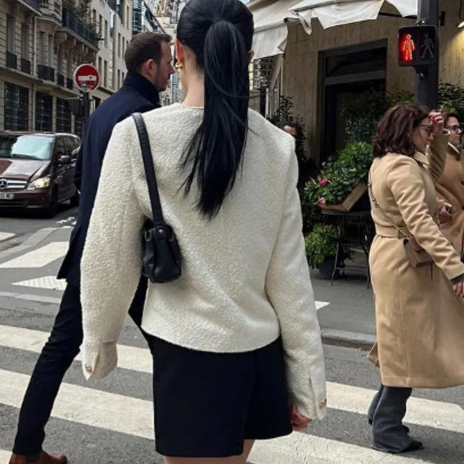 Women's Boucle Jacket with Gold-Embellished Buttons and Boxy Cropped Cut Amarae