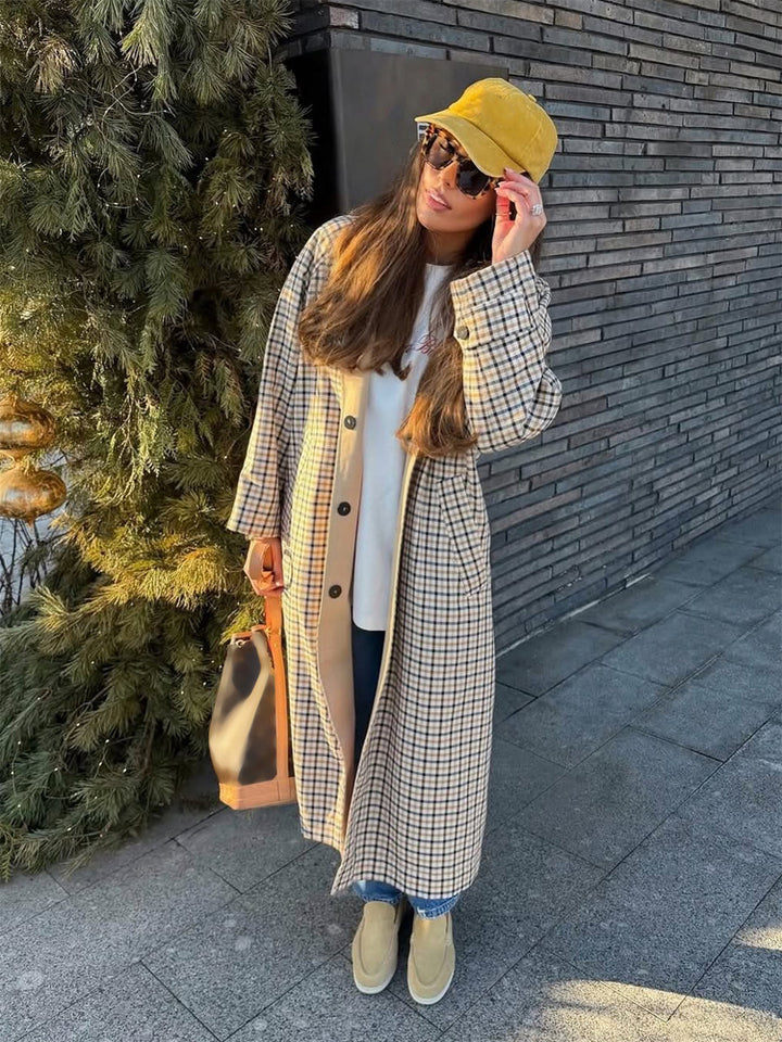 Women’s Maxi Long Checked Wool Blend Coat with Straight Silhouette Amarae