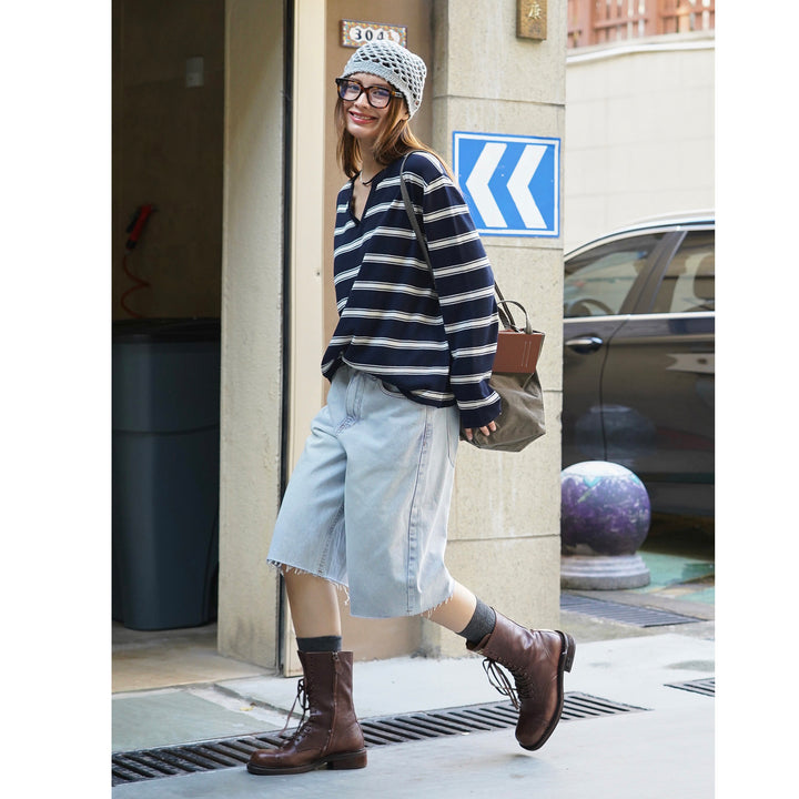 Ladies high-waisted wide denim Bermuda with fringed hem Amarae