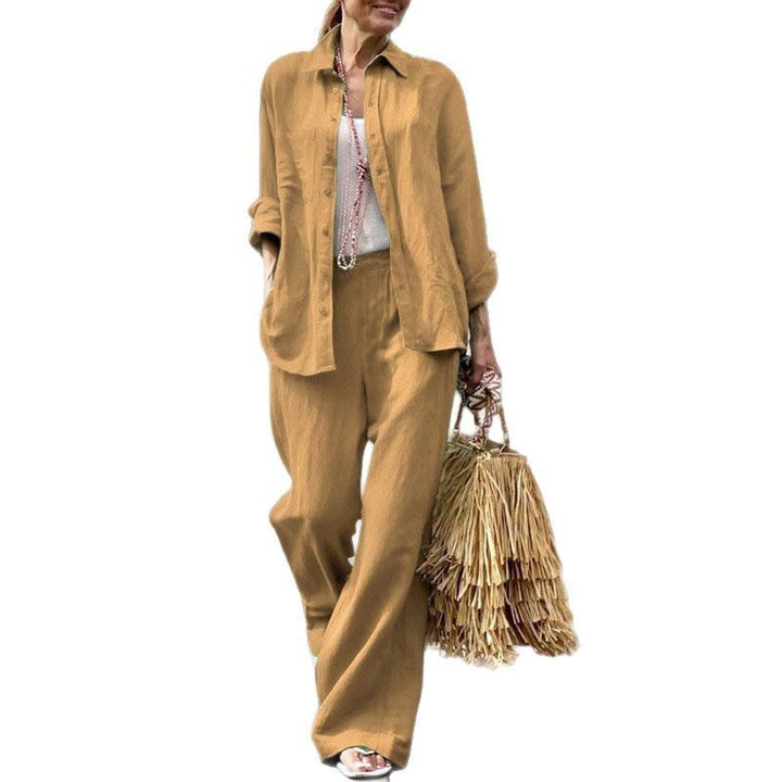 Women's Lightweight Linen Two-Piece Set with Loose Shirt Blouse and Wide High-Waist Pants Amarae