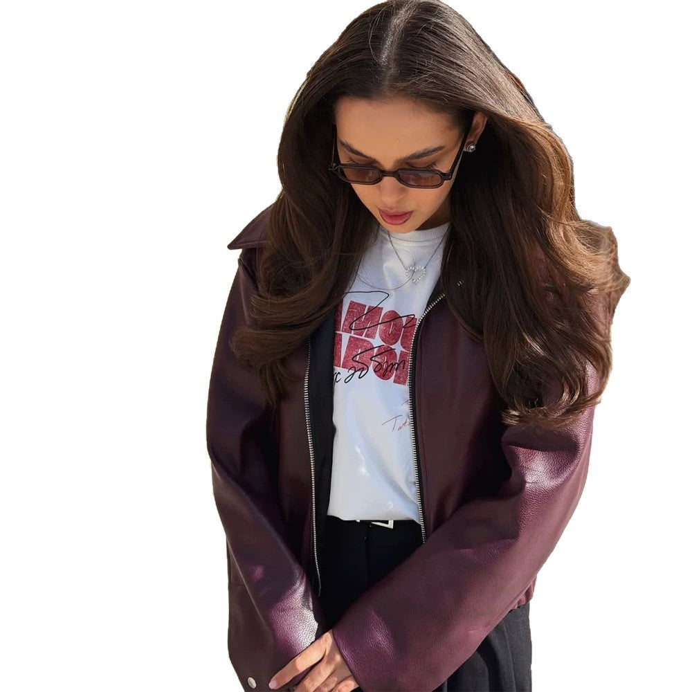 Women Boxy Faux Leather Jacket with Full Zip, Shirt Collar and Light Cropped Cut Amarae