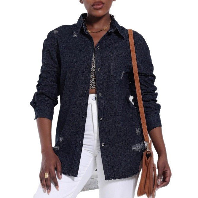 Women Oversize Denim Shirt Jacket with Used Effects and Raw Hem Amarae