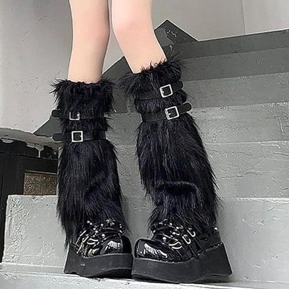 Women's Long Faux Fur Leg Warmers with Adjustable Buckles and Platform Cuffs Amarae