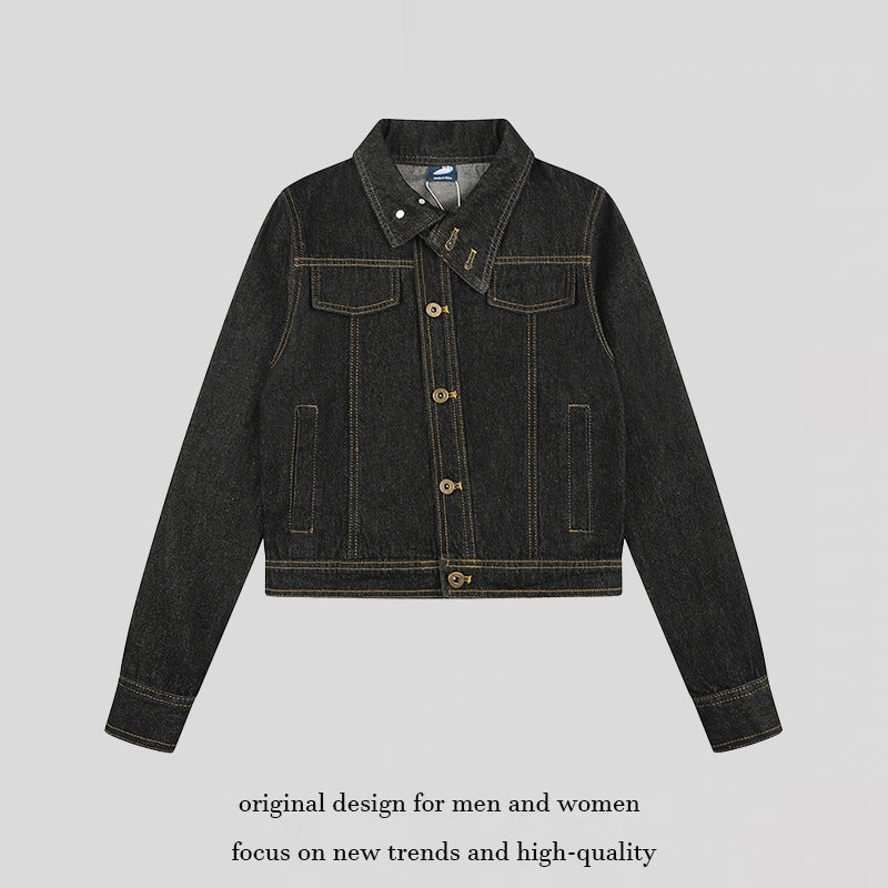 Women's Short Boxy Denim Jacket with Contrast Stitching and Chest Pockets Amarae