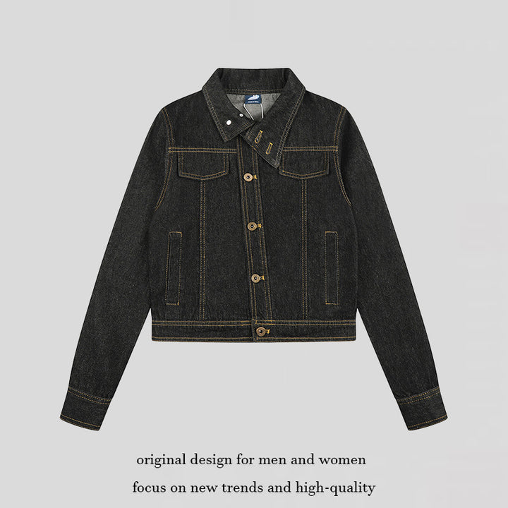 Women's Short Boxy Denim Jacket with Contrast Stitching and Chest Pockets Amarae