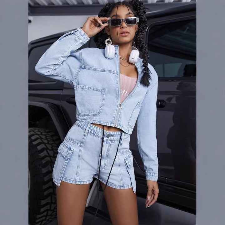 Women's short denim set with cropped jacket and cargo shorts Amarae