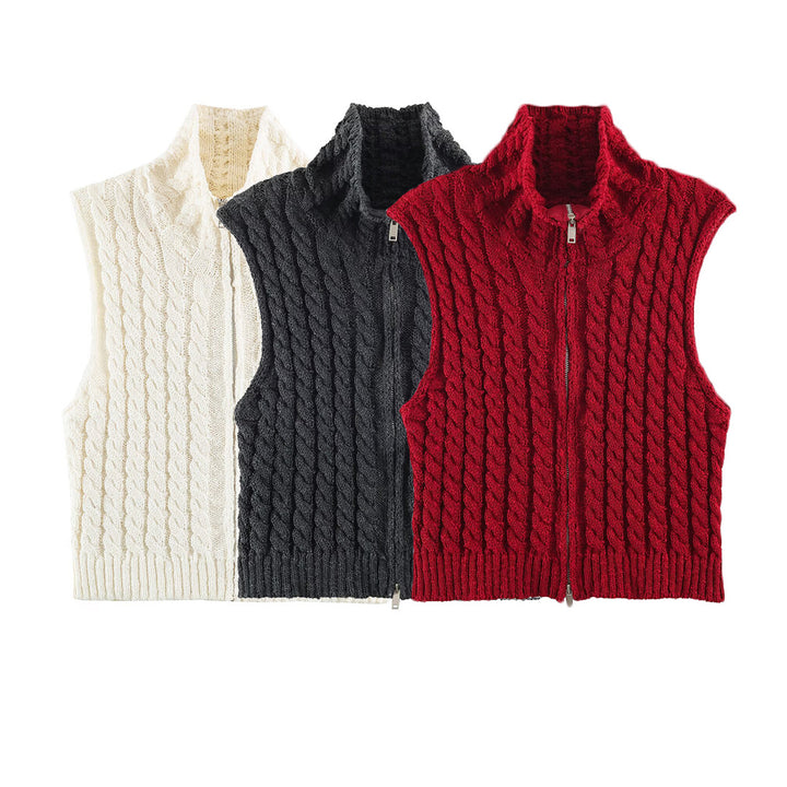 Women Sleeveless Cable Knit Vest with Stand-Up Collar and Full Zipper Amarae