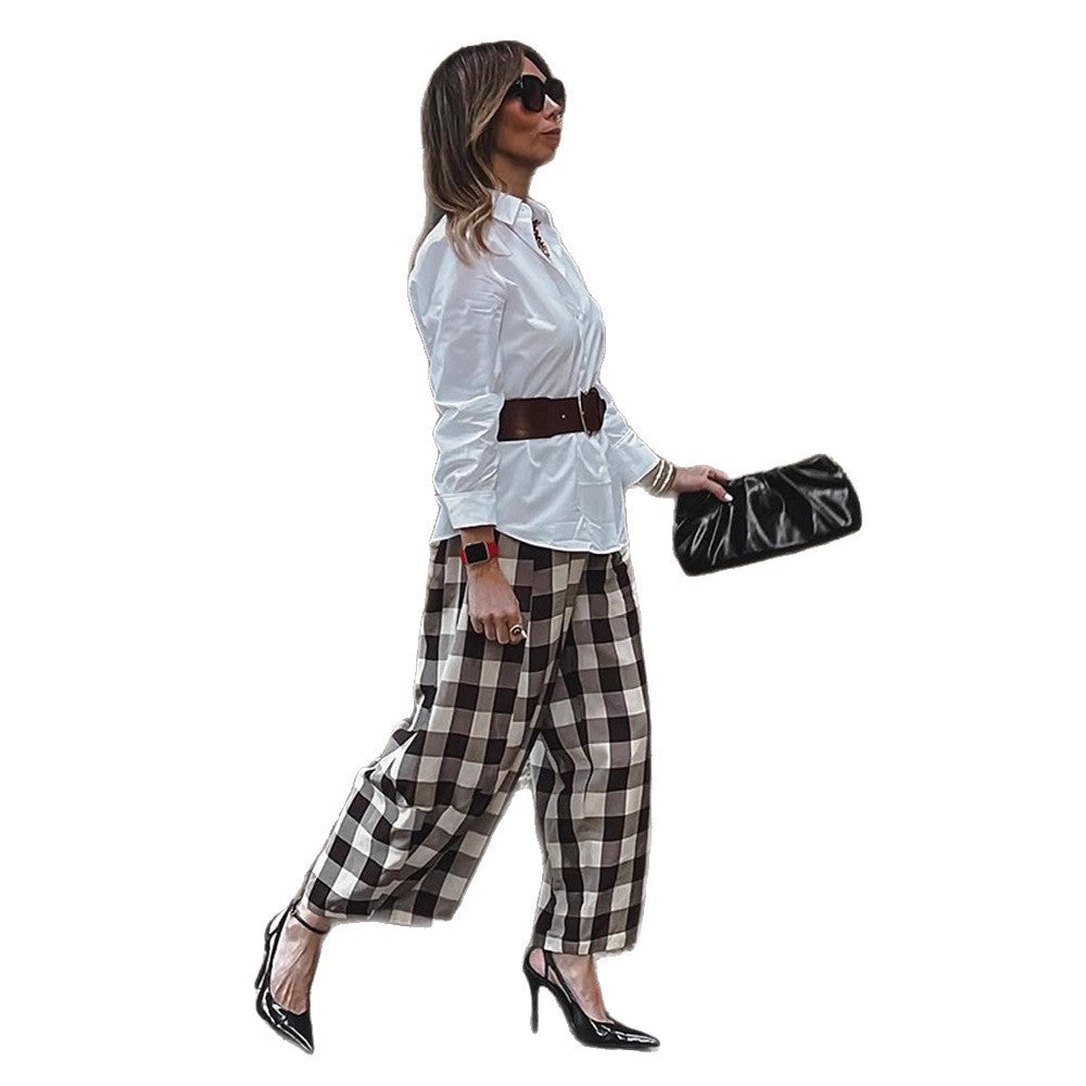Women's Checked High-Waisted Palazzo Pants with Wide Leg & Pleats Amarae