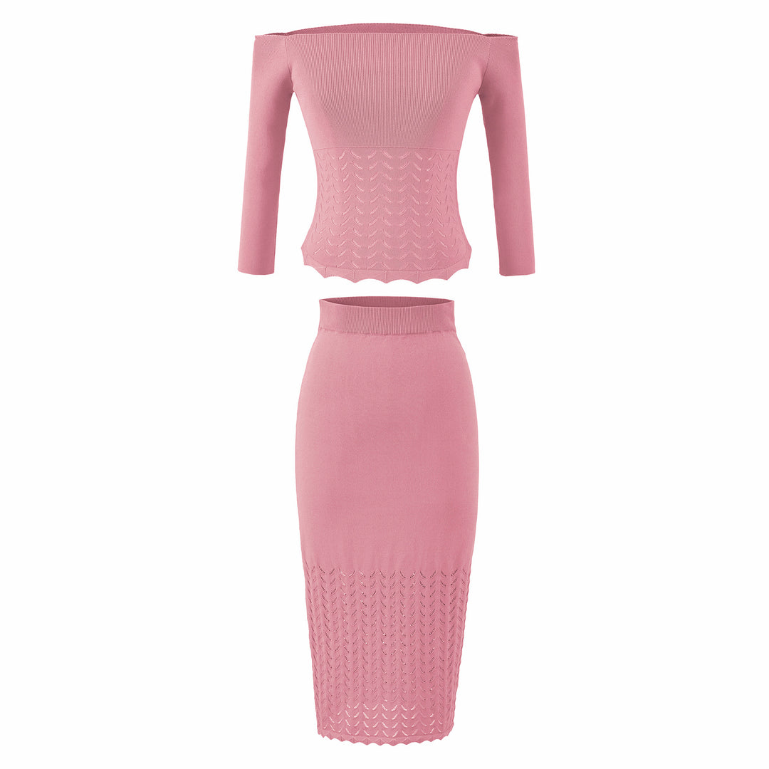 Women's Two-Piece Knit Set with off-the-shoulder Neckline and Bodycon Pencil Skirt Amarae