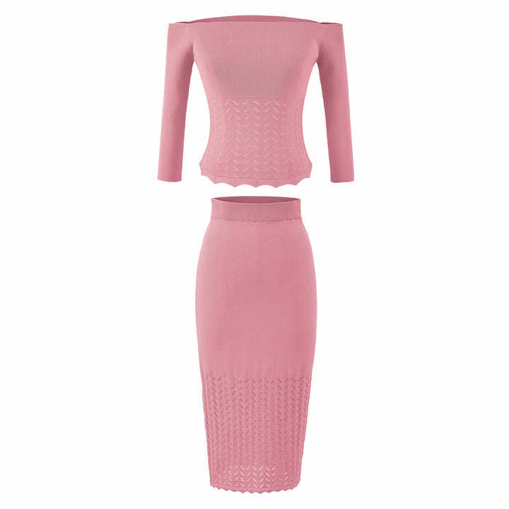 Women's Two-Piece Knit Set with off-the-shoulder Neckline and Bodycon Pencil Skirt Amarae