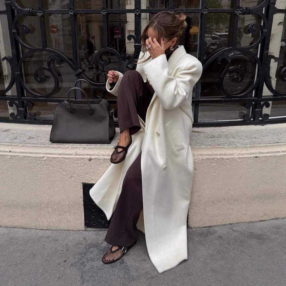 Women's Maxi Double-Breasted Wool Blend Coat with Oversized Cut and Lapel Collar Amarae