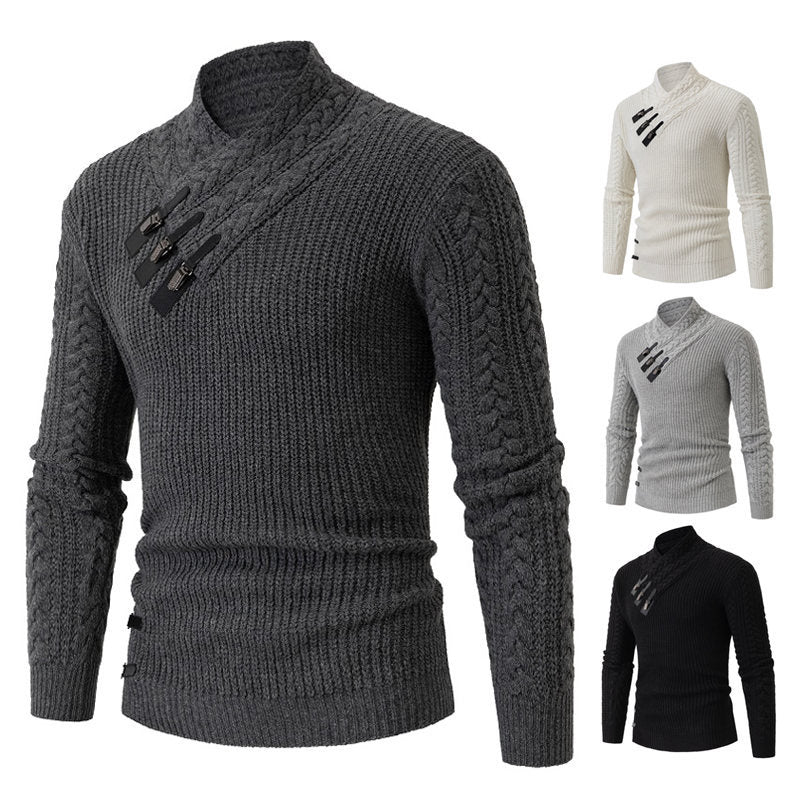 Men's Knit Sweater with Asymmetric Collar and Decorative Zipper Lune London