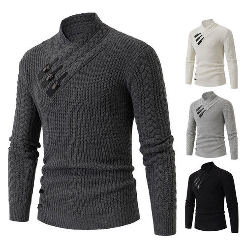 Men's Knit Sweater with Asymmetric Collar and Decorative Zipper Amarae
