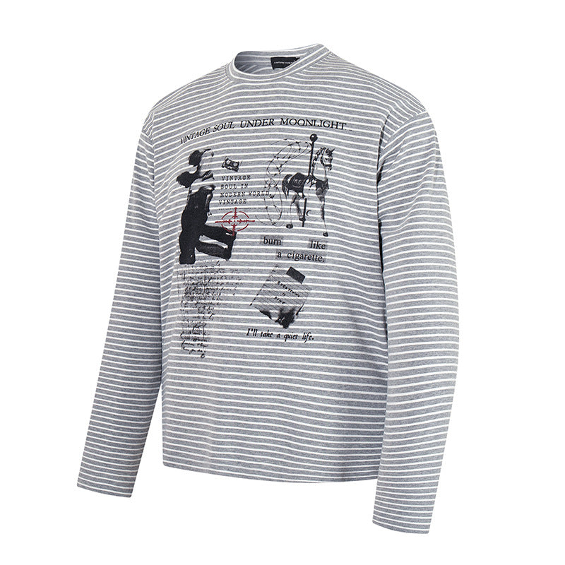 Men's Striped Long Sleeve in Relaxed Fit with Vintage Graphic Print Amarae