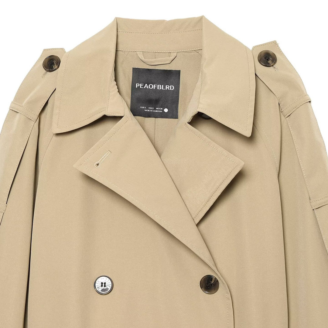 Women Double-breasted Trench Coat with Removable Cape Sleeves and Waist Belt Amarae