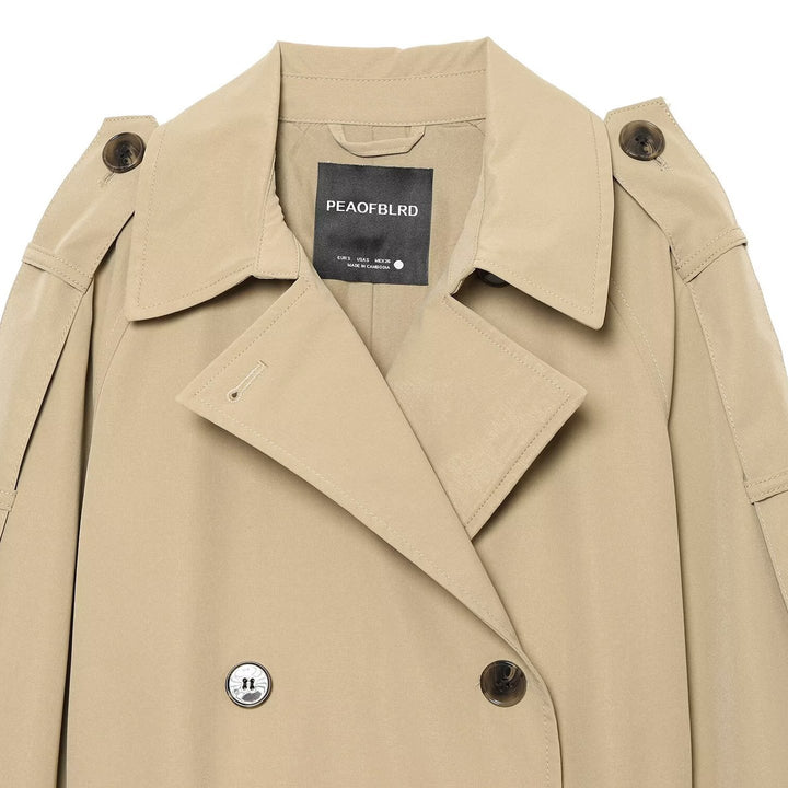Women Double-breasted Trench Coat with Removable Cape Sleeves and Waist Belt Amarae