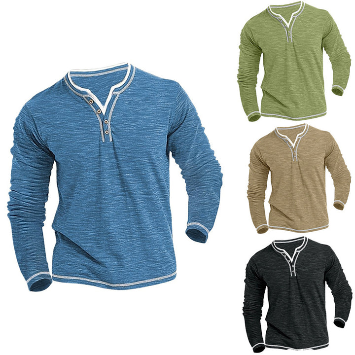 Men's Long Sleeve Henley T-Shirt with Contrast Stitching Lune London
