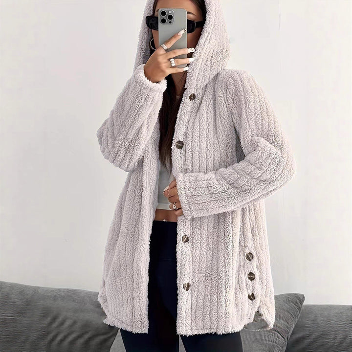 Fleece jacket for women with hood and buttoned design Lune London