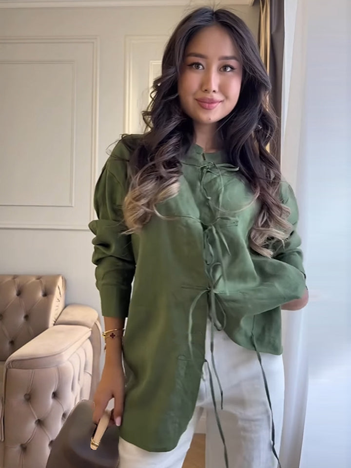 Women's Long Cut Linen Blouse with Chinese Knot Closure and Stand-Up Collar Amarae