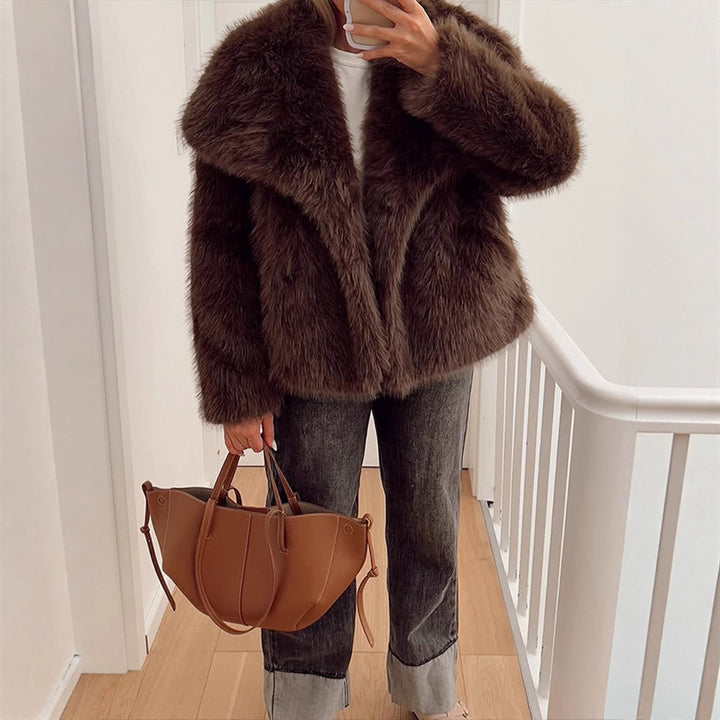 Women Short Voluminous Faux Fur Jacket in Boxy Cut with Large Shawl Collar Amarae
