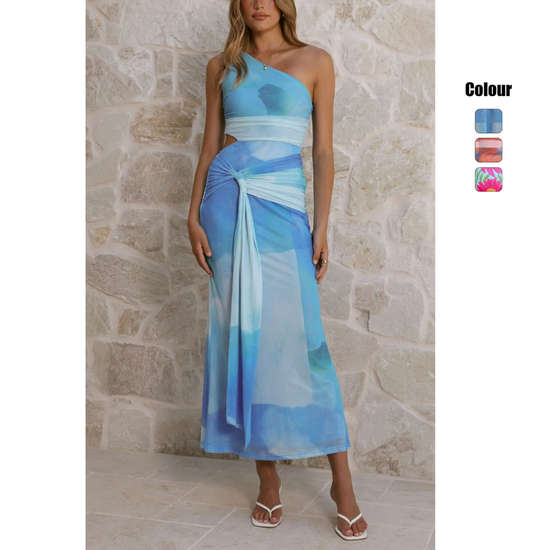 Women’s wrap maxi dress with asymmetric strap and floral accents Lune London