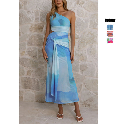 Women’s wrap maxi dress with asymmetric strap and floral accents Amarae