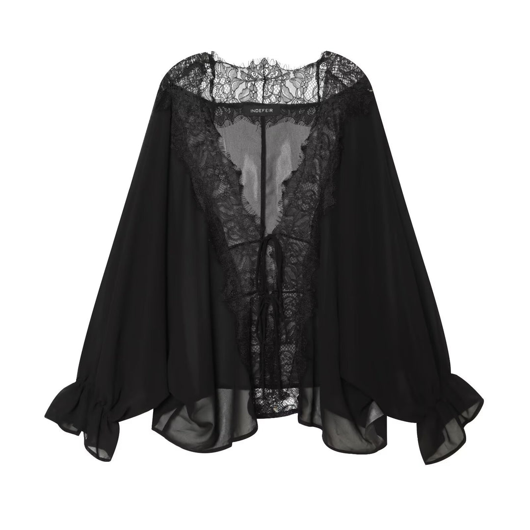 Women's Flowing Kimono Blouse with Lace Trim and Tie Band Amarae