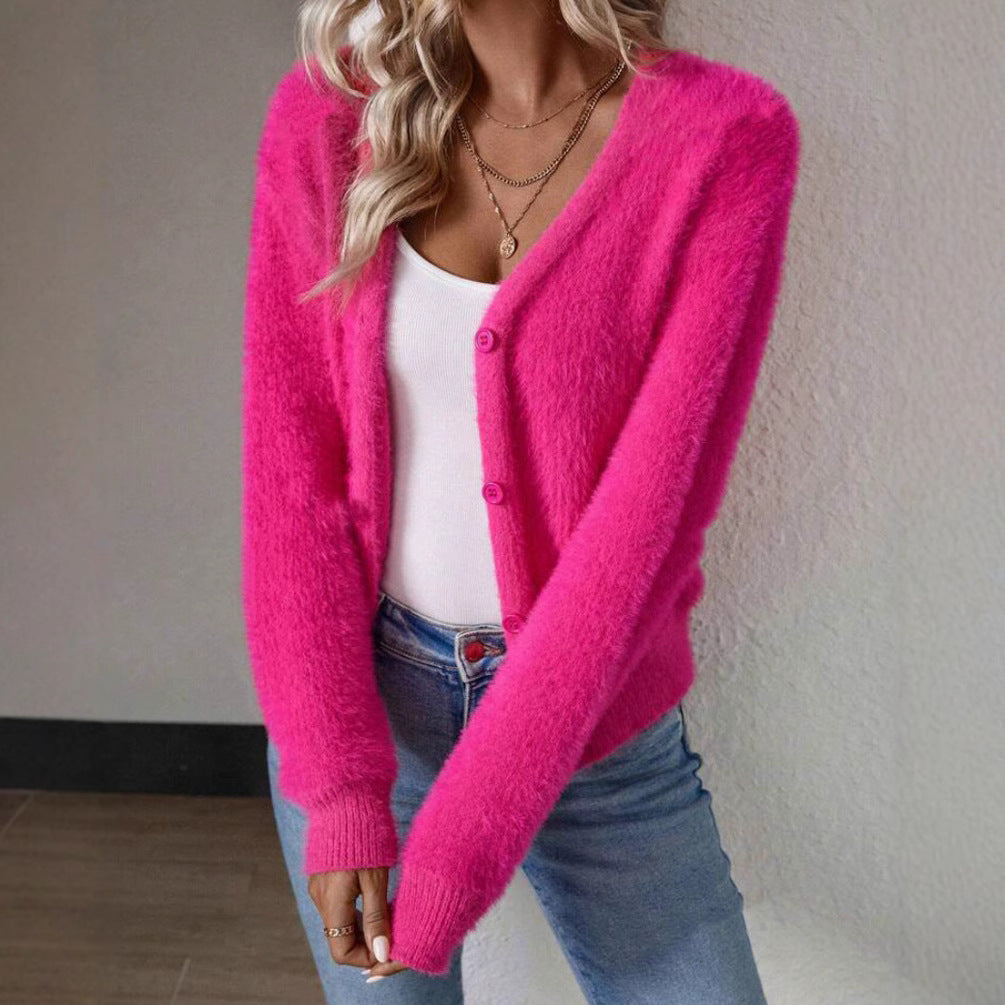Lune London | Women Fluffy V-Neck Cardigan with Button Detail