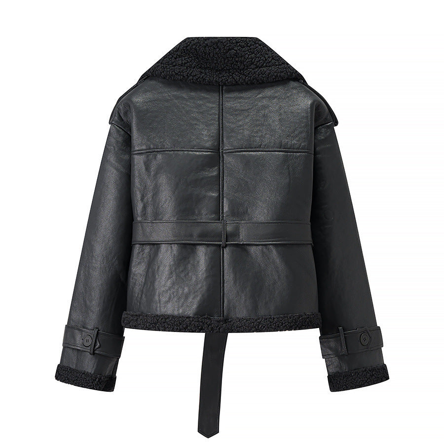 Trendy biker jacket for women with faux fur collar and belt Lune London