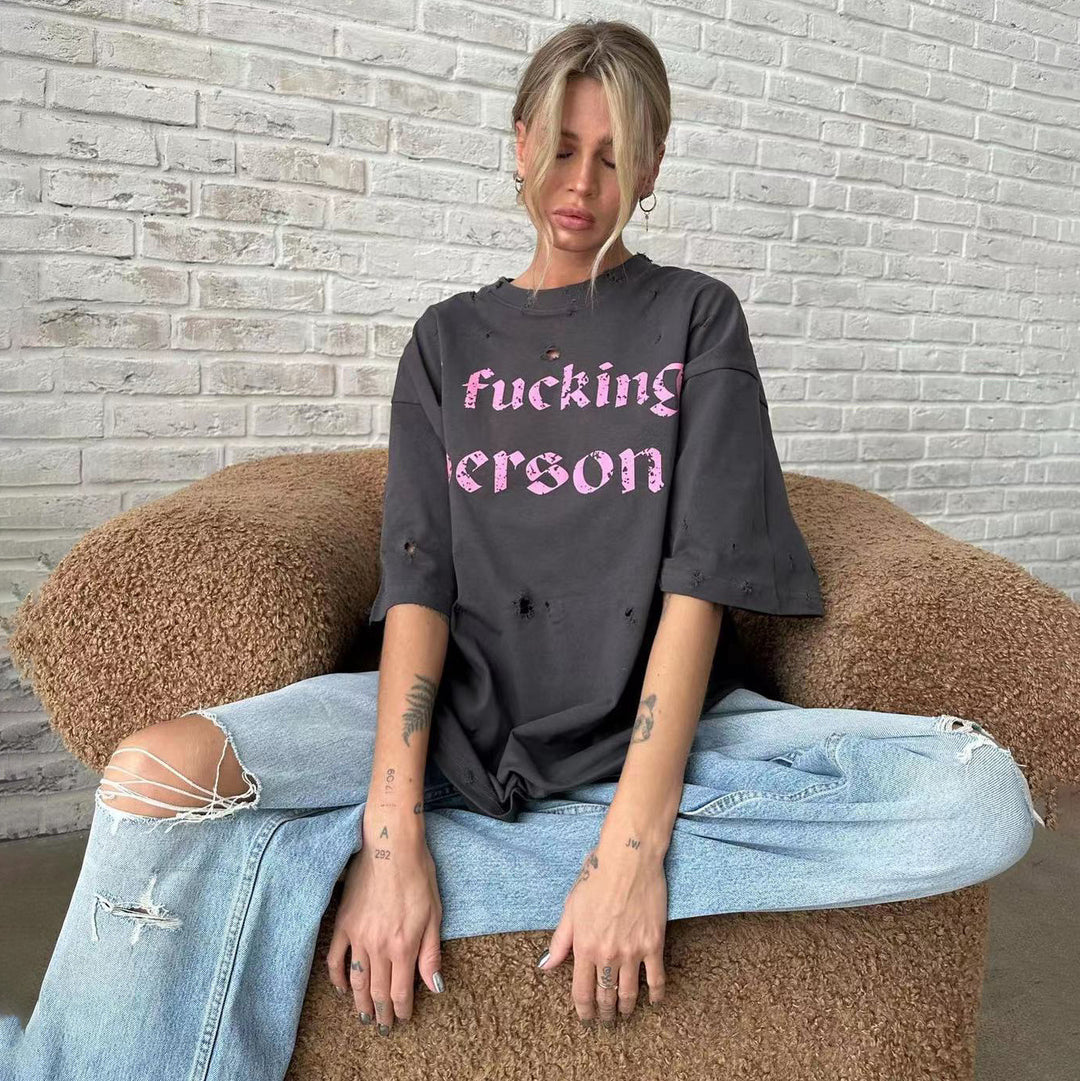 Oversized t-shirt for women with trendy ripped details Lune London