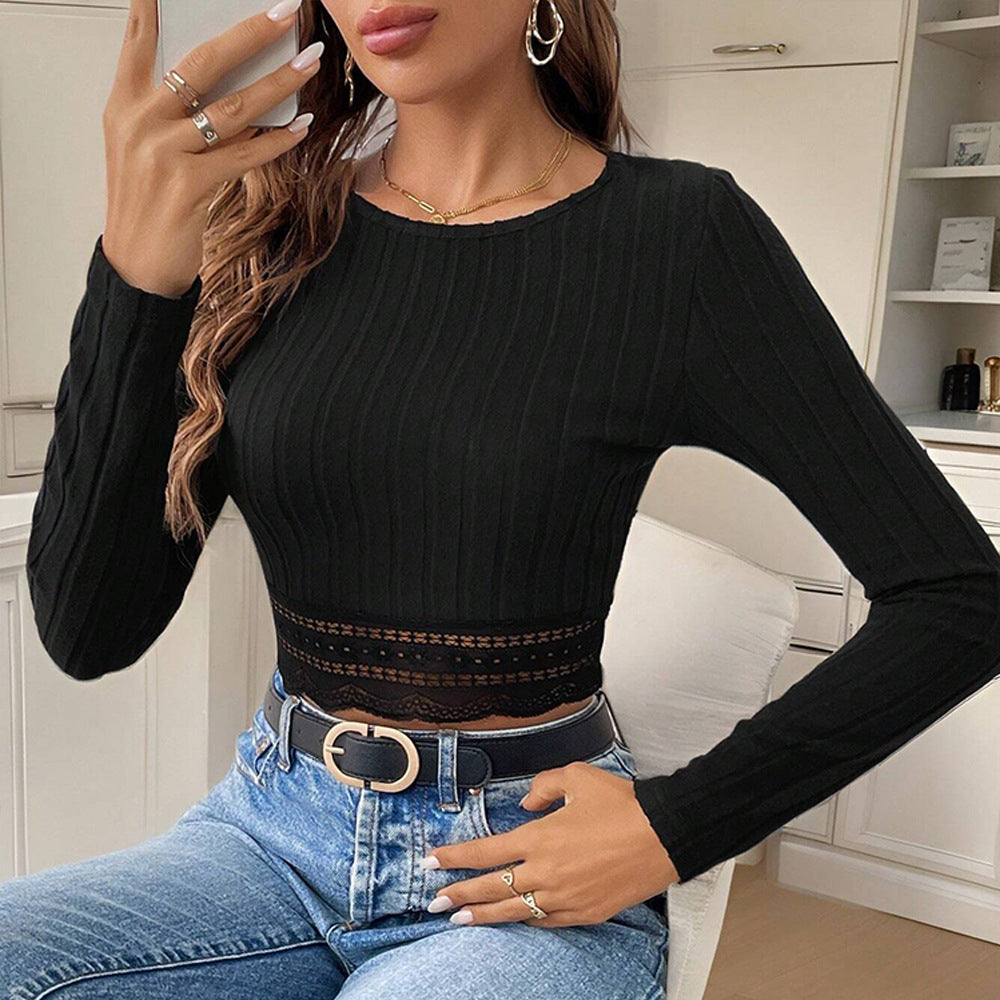 Haut femme cropped à manches longues avec accents en dentelle raffinée Chic & Stil