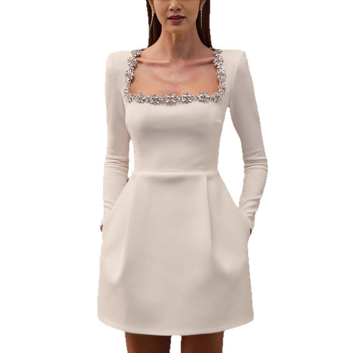 Women Elegant Velvet Dress with Floral Applications and Boat Neck Lune London
