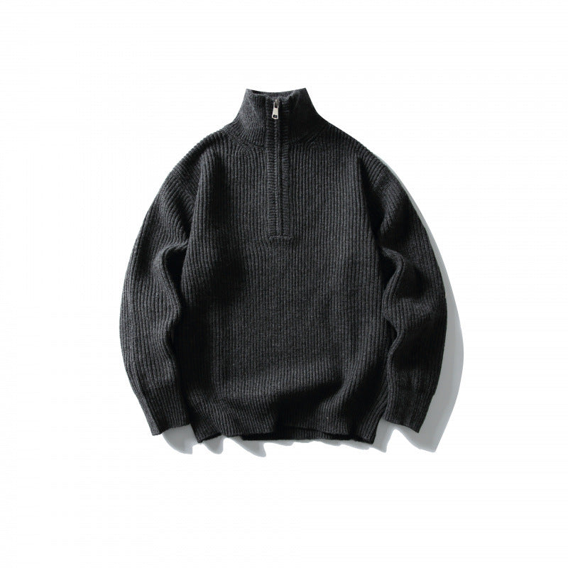 Unisex Structured Half-Zip Knit Sweater with High Stand-Up Collar and Ribbed Rib Knit Amarae