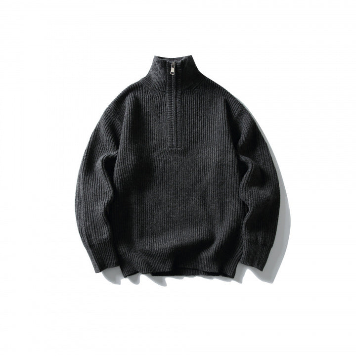 Unisex Structured Half-Zip Knit Sweater with High Stand-Up Collar and Ribbed Rib Knit Amarae