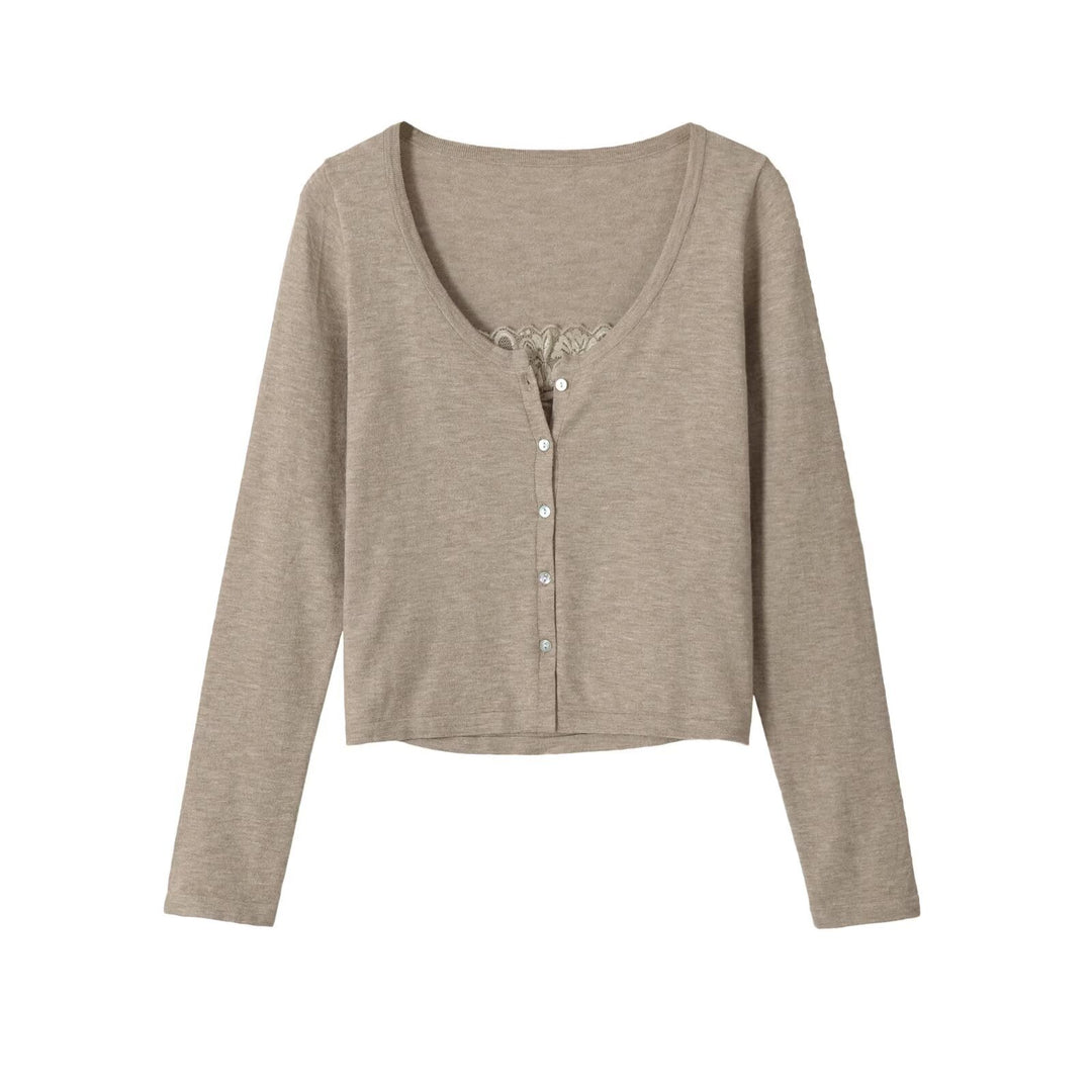 Women's fine-knit cardigan with lace insert and continuous button placket Amarae