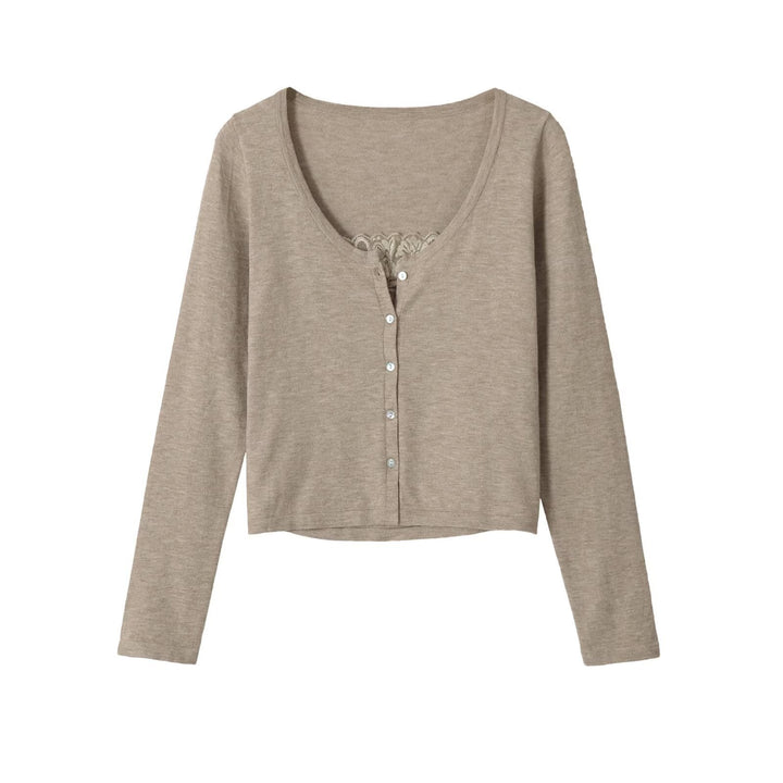 Women's fine-knit cardigan with lace insert and continuous button placket Amarae