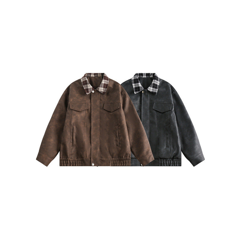 Men's suede look bomber jacket with checked shirt collar, flap pockets, and elastic hem Amarae