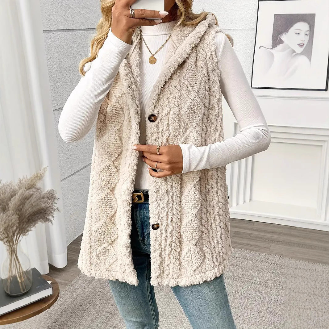 Ladies cozy knit vest with hood and button closure Lune London